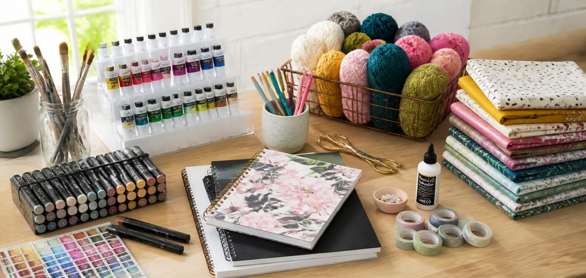 Craft studio workbench with paints, brushes, yarn and paper supplies